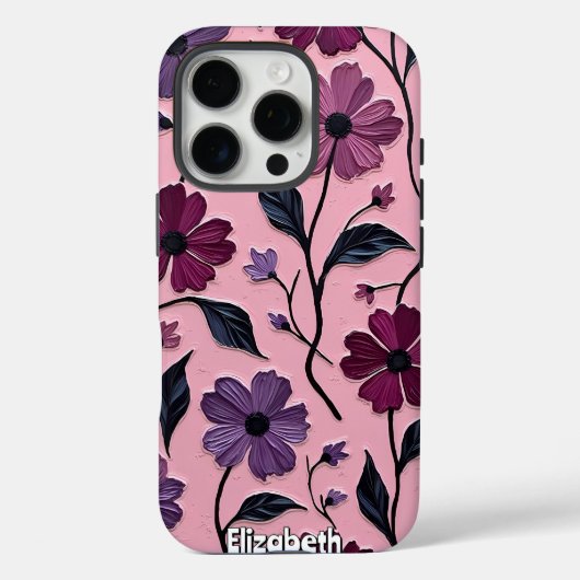 紫色の花を持つテクスチャ付き花のパターン Case-Mate iPhoneケース (裏面)