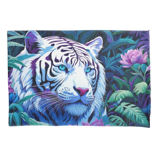 紫色の花を持つホワイトタイガー枕カバー 枕カバー (正面左)
