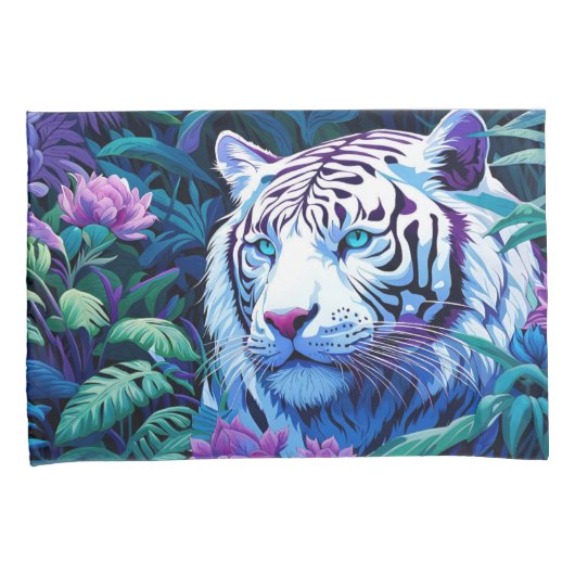 紫色の花を持つホワイトタイガー枕カバー 枕カバー (正面右)