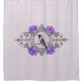 紫色の花を持つルビー色のThroatedハチドリ シャワーカーテン (正面)