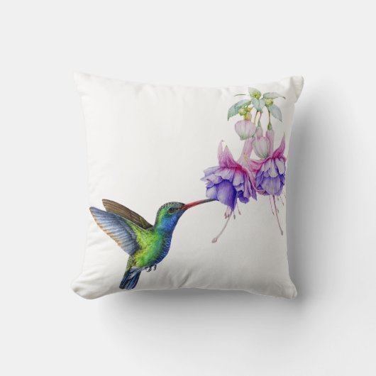 紫色の花を持つ青い緑のハミングバード クッション (正面)