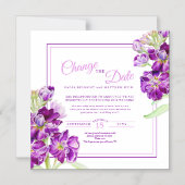 紫色の花アート結婚の日付の変更 マグネット招待状 (正面)
