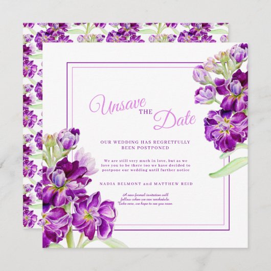 紫色の花アート結婚の日付を保存しない 招待状 (正面/裏面)