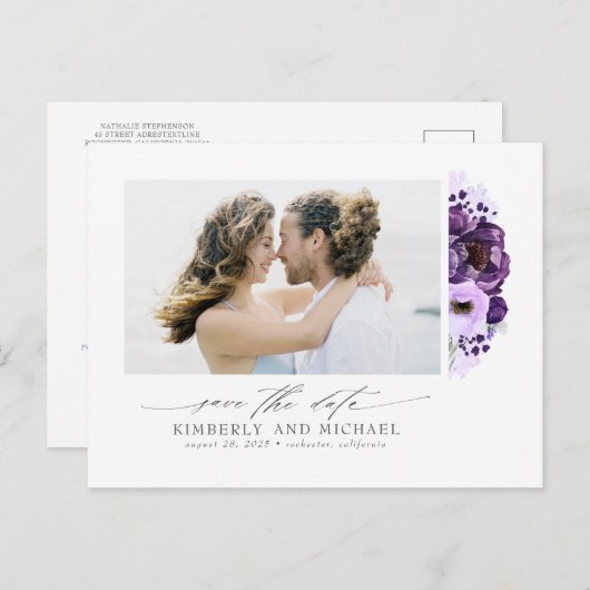 紫色の花エレガントの写真モダンを保存 案内ポストカード (正面/裏面)