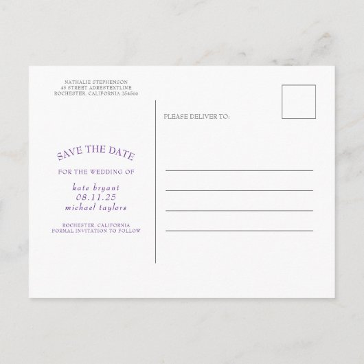 紫色の花エレガントの写真モダンを保存 案内ポストカード (裏面)