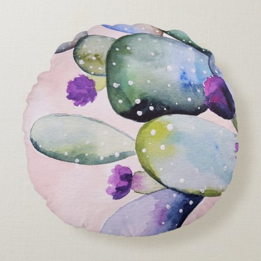 紫色の花サボテン(Nopal) ラウンドクッション (正面)