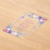 紫色の花シルバークロスピンク第1聖餐式 アクリル招待状 (レイダウン)