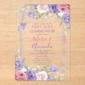 紫色の花シルバークロスピンク第1聖餐式 アクリル招待状 (正面)