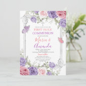 紫色の花シルバークロスピンク第1聖餐式 招待状 (スタンド正面)