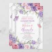 紫色の花シルバークロスピンク第1聖餐式 招待状 (正面/裏面)