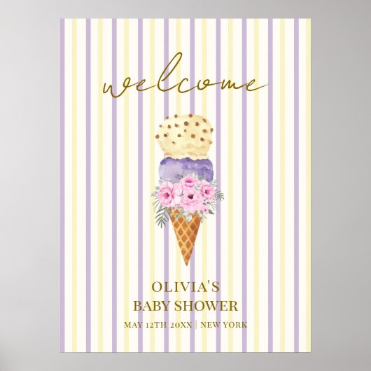 紫色の花スクープのアイスクリーム赤ちゃんシャワーへようこそ ポスター (正面)