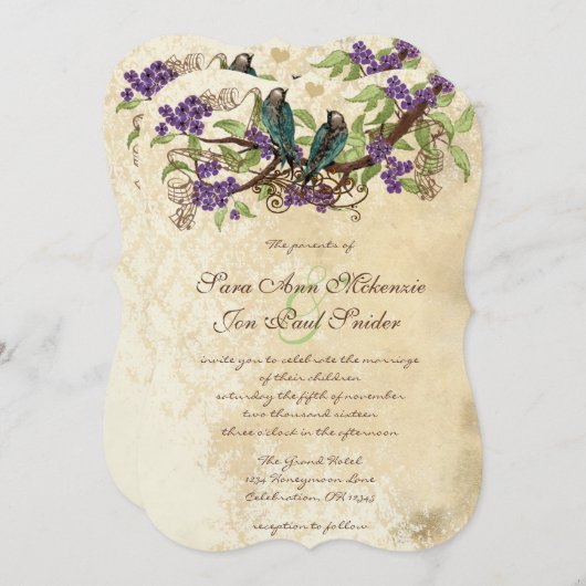 紫色の花ティール（緑がかった色）ヴィンテージ鳥の結婚式の招待 招待状