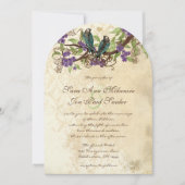 紫色の花ティール（緑がかった色）ヴィンテージ鳥の結婚式の招待 招待状 (正面)