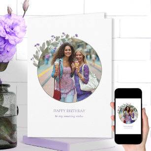 紫色の花フォトフレームハッピーバースデー カード