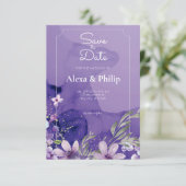 紫色の花フローラ水結婚色 招待状 (スタンド正面)