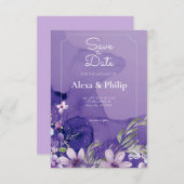 紫色の花フローラ水結婚色 招待状 (正面/裏面)