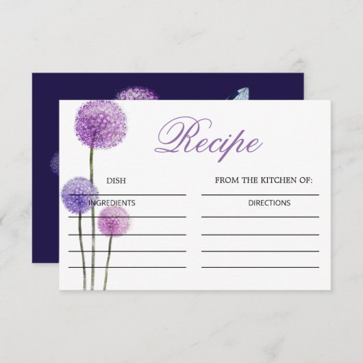 紫色の花ブライダルシャワーレシピカード エンクロージャーカード (正面/裏面)