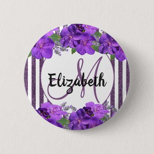 紫色の花ホワイトグリッターストライプモノグラム名 缶バッジ (正面)
