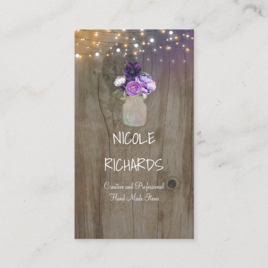 紫色の花メイスンジャー素朴ウッドとライト 名刺 (正面)