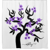 紫色の花ラブバード桜さくらんぼツリー シャワーカーテン (正面)