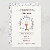 紫色の花リースファーストコミューン招待状 招待状 (正面/裏面)