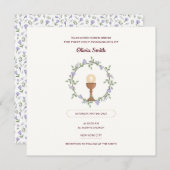 紫色の花リースファーストコミューン招待状 招待状 (正面/裏面)