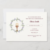 紫色の花リースファーストコミューン招待状 招待状 (正面)