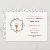 紫色の花リースファーストコミューン招待状 招待状 (正面/裏面)