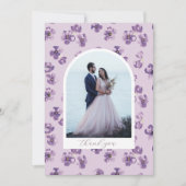 紫色の花ロマンチックなスクリプトアーチフォト サンキューカード (正面)