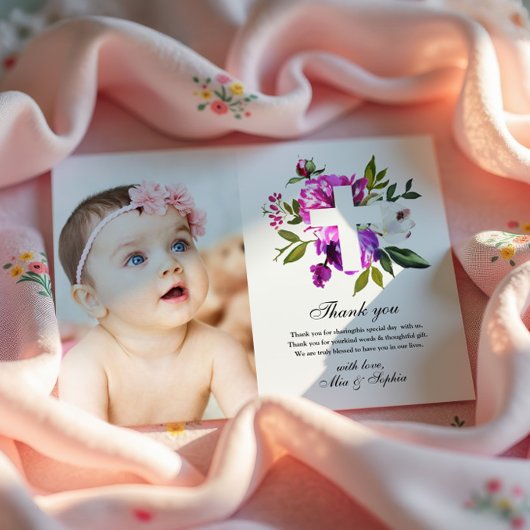 紫色の花写真バプテスマサンキューカード 招待状