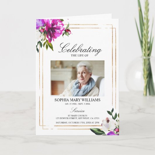 紫色の花写真追悼式 カード (正面)