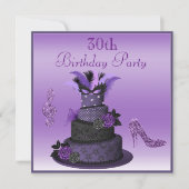 紫色の花型女性歌手のケーキ、輝きのハイヒールの第30誕生日 招待状 (正面)