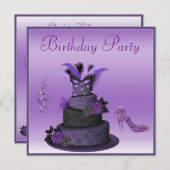紫色の花型女性歌手のケーキ、輝きのハイヒールの誕生日 招待状 (正面/裏面)