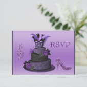 紫色の花型女性歌手のケーキ、輝きのハイヒールRSVP 出欠カード (スタンド正面)