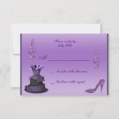 紫色の花型女性歌手のケーキ、輝きのハイヒールRSVP 出欠カード (裏面)