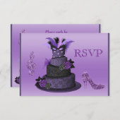紫色の花型女性歌手のケーキ、輝きのハイヒールRSVP 出欠カード (正面/裏面)