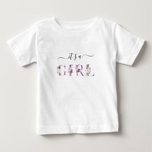 紫色の花文字プリント女の子ベビーシャワー ベビーTシャツ (正面)