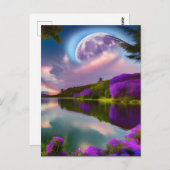 紫色の花月と湖の反射 ポストカード (正面/裏面)