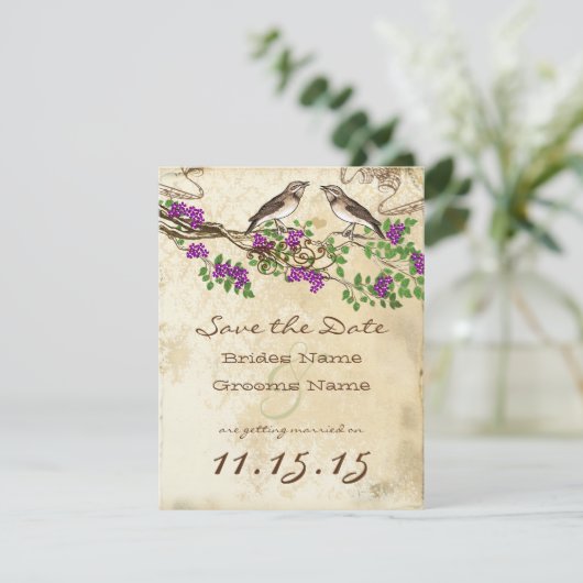 紫色の花枝ヴィンテージ鳥の結婚式RSVP 招待状 (スタンド正面)