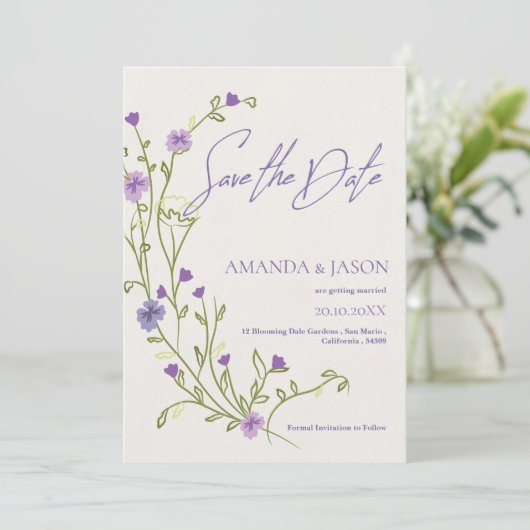 紫色の花枠エレガントな結婚式の日付を保存 セーブザデート (スタンド正面)