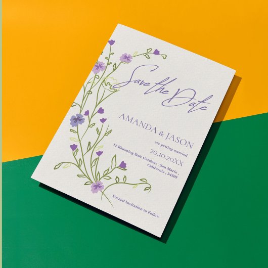 紫色の花枠エレガントな結婚式の日付を保存 セーブザデート