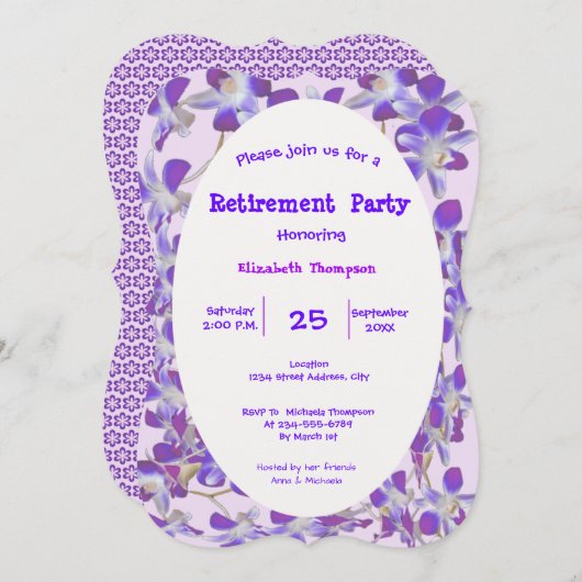 紫色の花枠フローラ退職パーティーカード 招待状 (正面/裏面)
