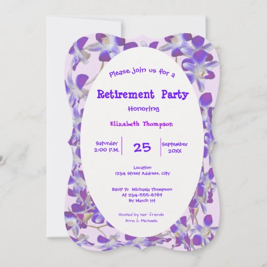 紫色の花枠フローラ退職パーティーカード 招待状 (正面)