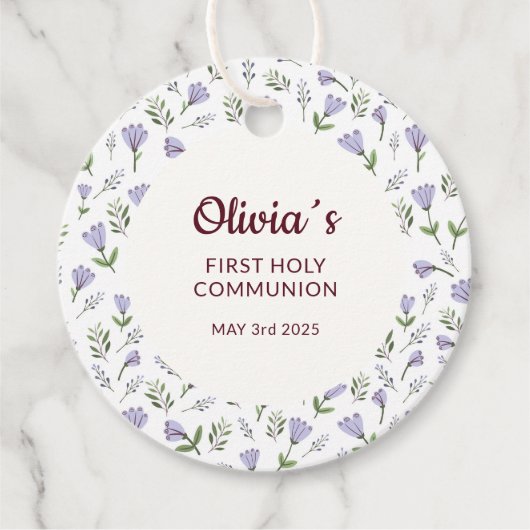 紫色の花柄の最初の聖餐式 フェイバータグ (正面)