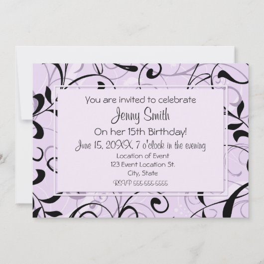 紫色の花柄の第15誕生日のパーティの招待状カード 招待状 (裏面)