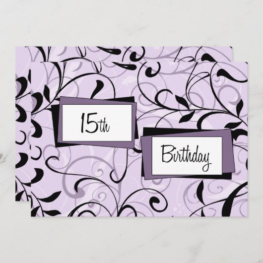 紫色の花柄の第15誕生日のパーティの招待状カード 招待状 (正面/裏面)