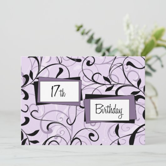 紫色の花柄の第17誕生日のパーティの招待状カード 招待状 (スタンド正面)