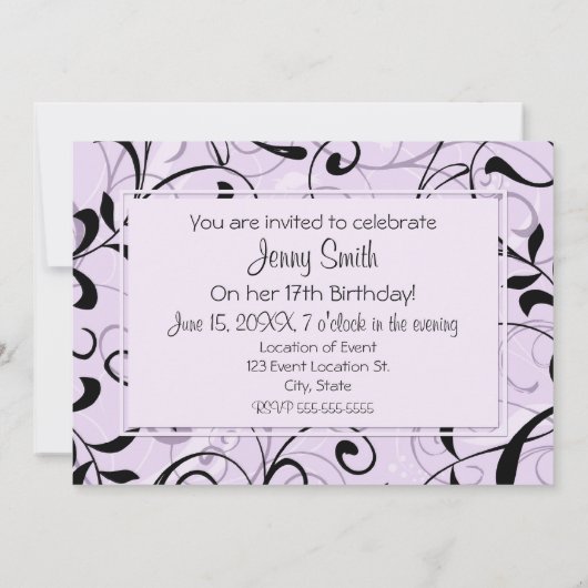 紫色の花柄の第17誕生日のパーティの招待状カード 招待状 (裏面)