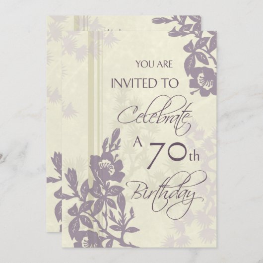 紫色の花柄の第70誕生日のパーティの招待状カード 招待状 (正面/裏面)