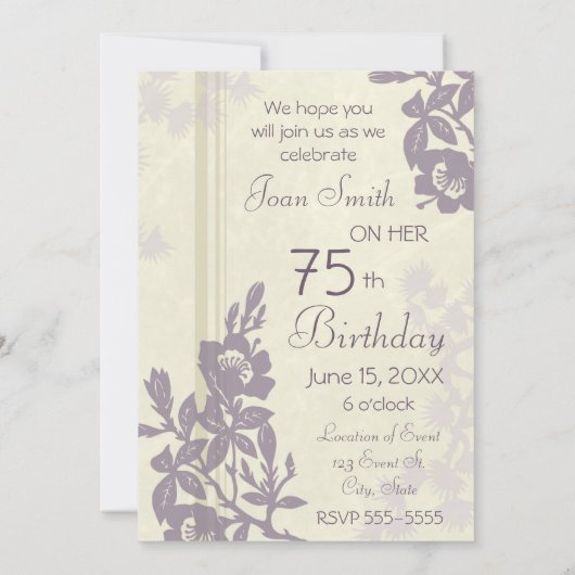 紫色の花柄の第75誕生日のパーティの招待状カード 招待状 (裏面)